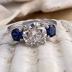 Three stone perfect SS  moissanite  w/ Saphire